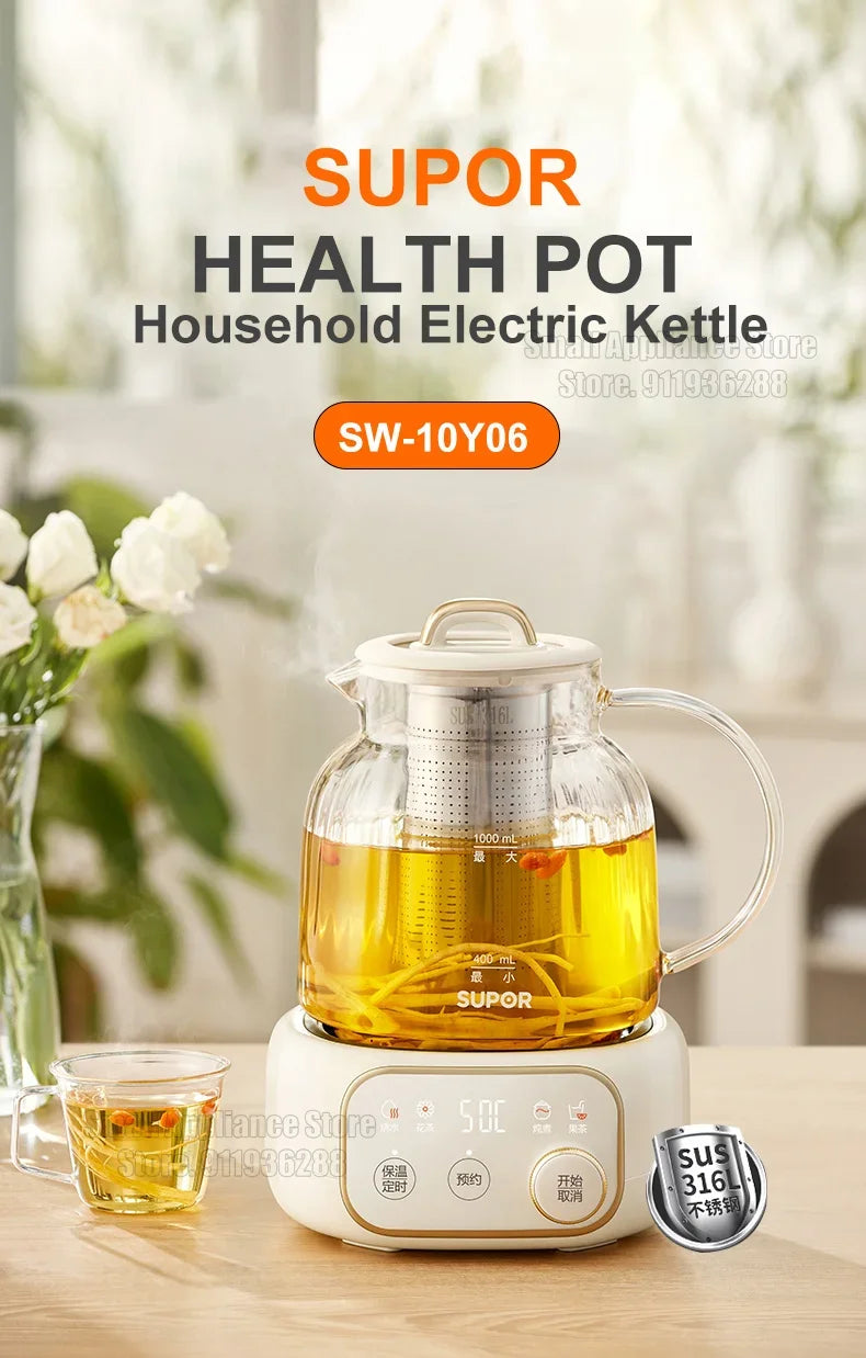 SUPOR 1L Health Pot Glass Electric Kettle 316L Stainless Steel Water Boliler 12H insulation Multifunction Household Teapot 220v