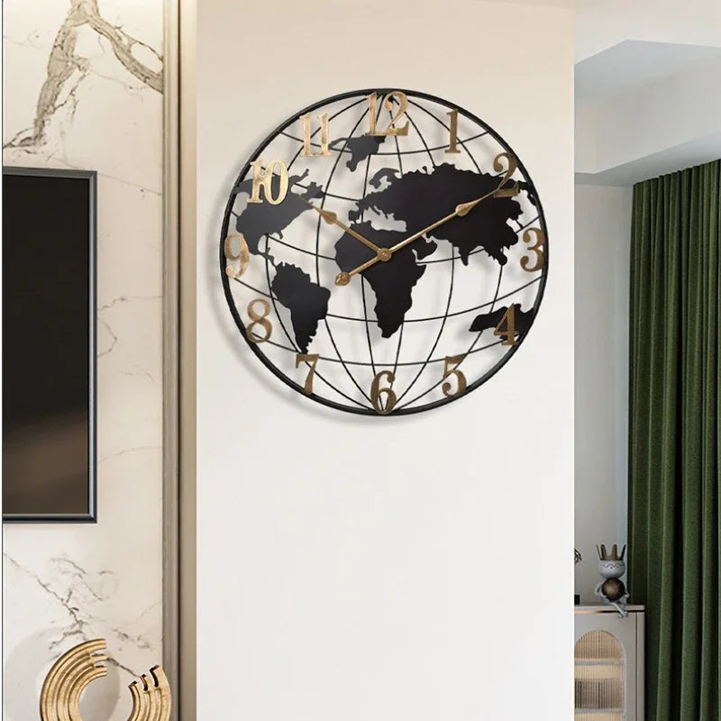 Round Silent Non-Ticking Battery Operated Wall Clocks 60/75/90cm Large Map Wall Clock Metal Minimalist Clock for Living Room