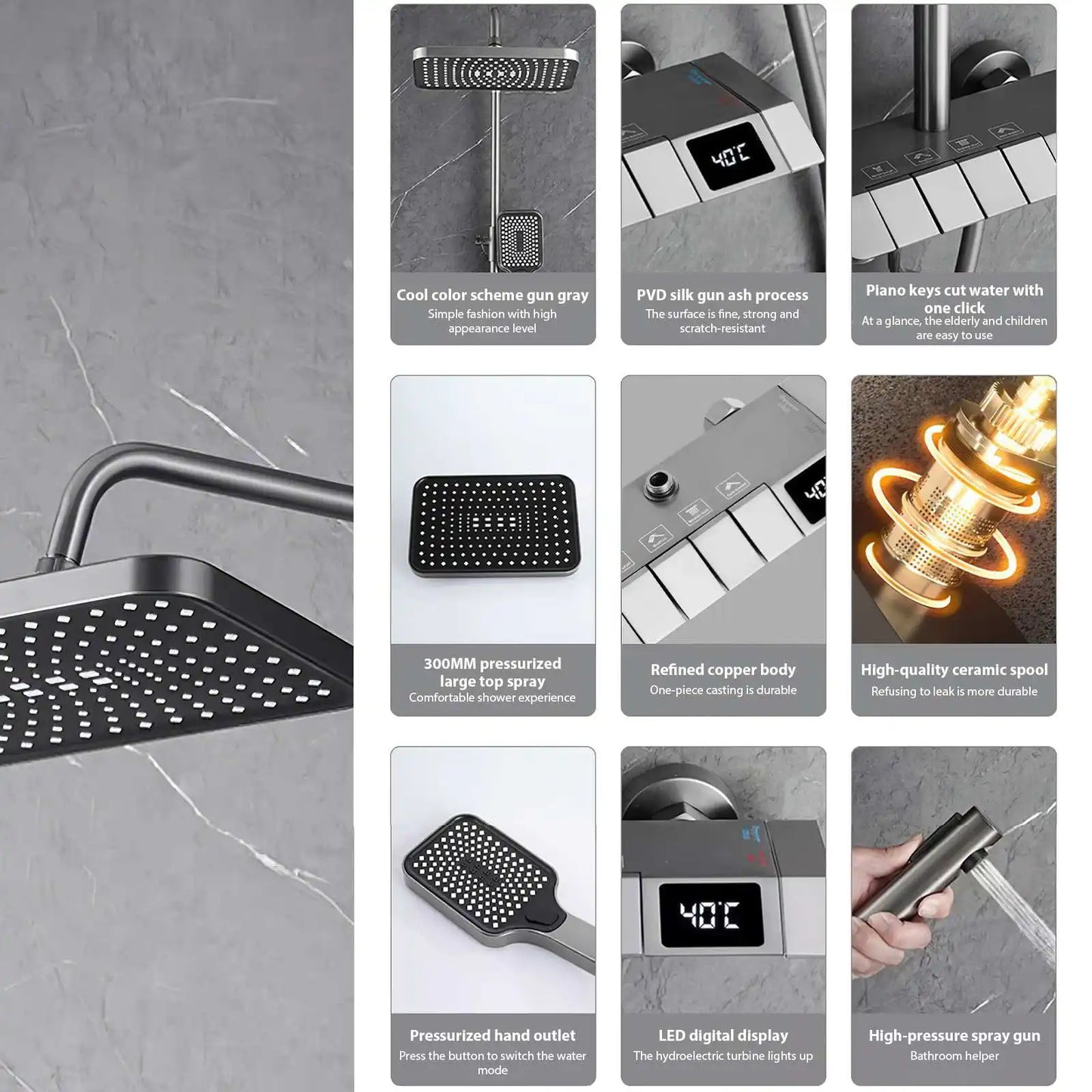 Digital Display Shower Faucet Set Rainfall Bathroom Mixer Tap Grey Bidet Shower System With Ambient Lighting Bathroom Accessorie