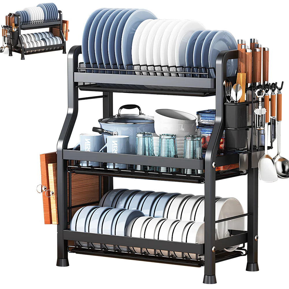 Dish Drying Rack 2/3-Tier Kitchen Dish Rack Drainboard Set Dish Drainer with Utensil Holder Countertop Dinnerware Storage