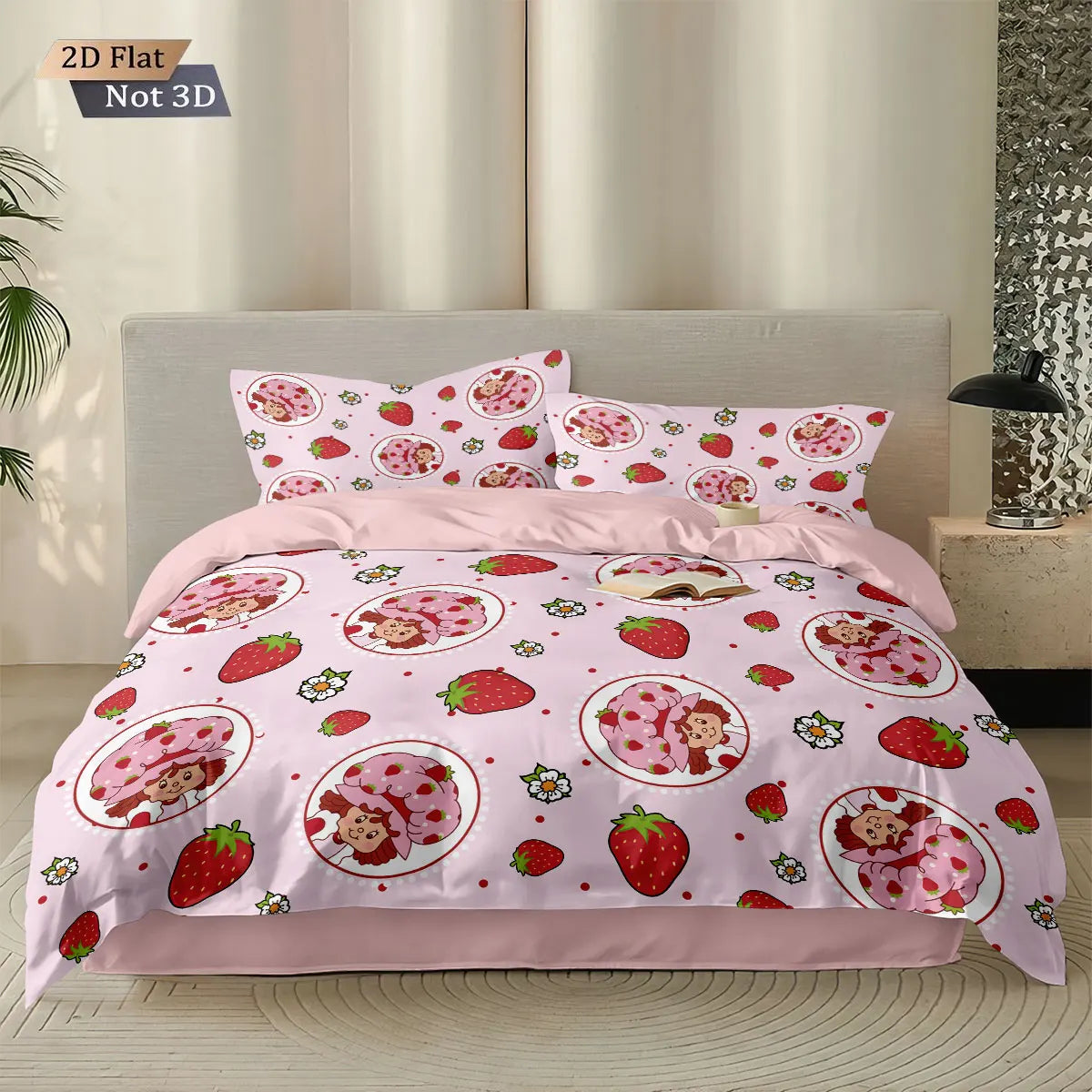 3pcs Pink Strawberry Girl Printed Down Duvet Cover Set, Multi Size Bedroom Bedding Decoration, Machine Washable
