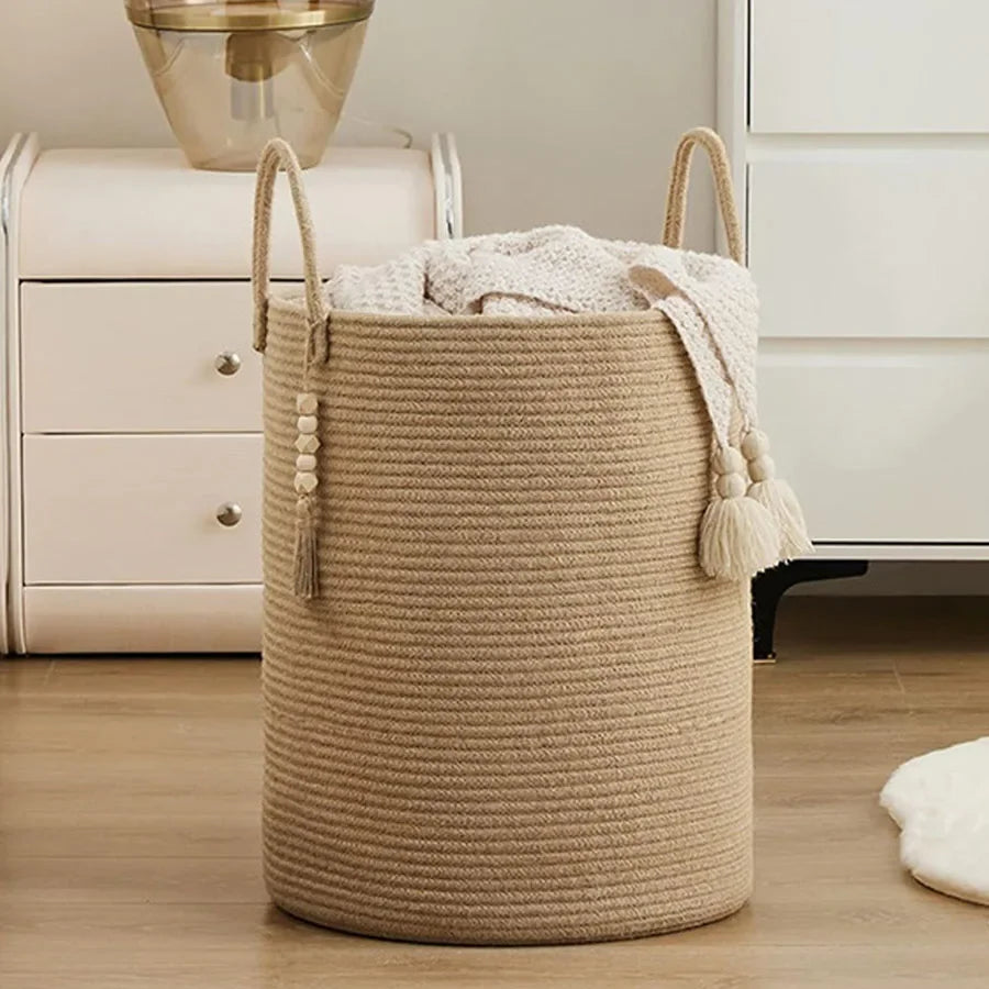 Large Storage Basket Tall Woven Decorative Laundry Hamper with Handles Foldable Cotton Rope for Clothes Kids Toys Living Room