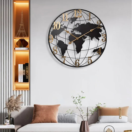 Round Silent Non-Ticking Battery Operated Wall Clocks 60/75/90cm Large Map Wall Clock Metal Minimalist Clock for Living Room