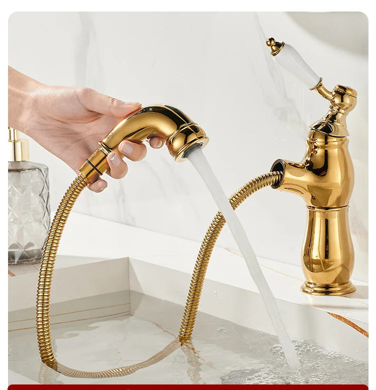 Gold Bathroom Ceramic handle Basin Faucets Pull Out Mixers Sink Faucet Washbasin Taps Water Tap Tapware Crane Brass Material