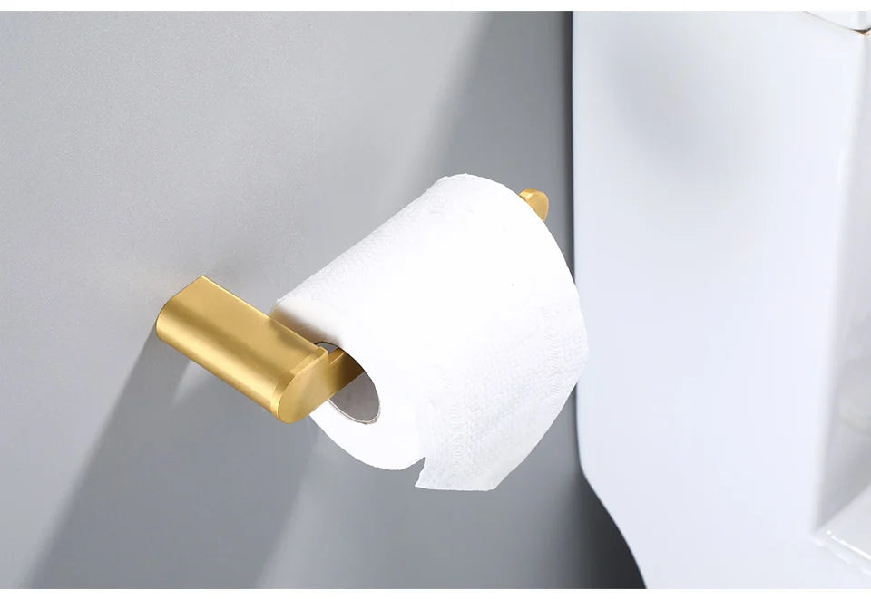 Brushed Gold  Bathroom Accessories Sets 4 Wall Mounted Towel Bar Robe Hooks Toilet Paper Roll Holder Stainless Steel Hardware