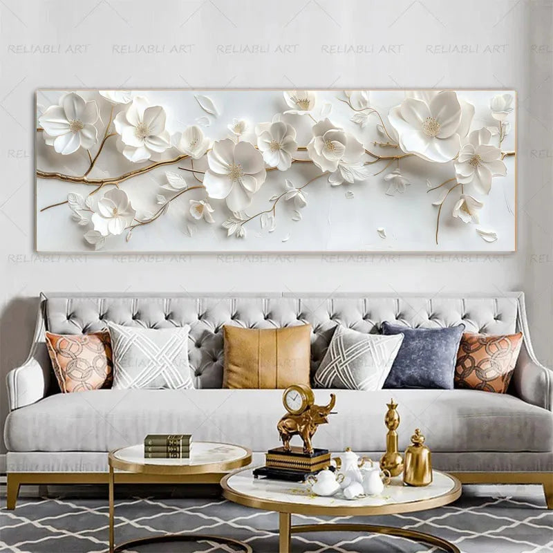 Abstract Floral Canvas Paintings,Modern Print White Flowers With Gold Branches And Leaves Posters,Nordic Living Room Decor Gift