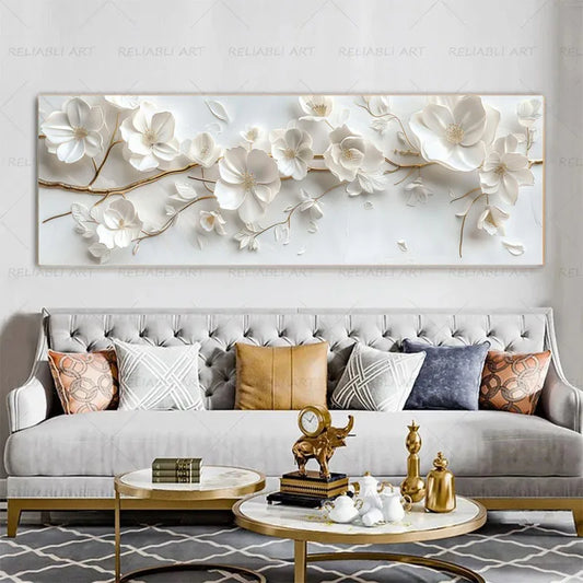 Abstract Floral Canvas Paintings,Modern Print White Flowers With Gold Branches And Leaves Posters,Nordic Living Room Decor Gift