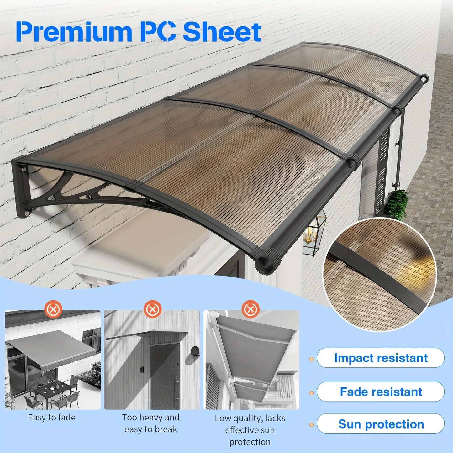 Large Polycarbonate Gutter Awning for Door Entrance Sun Shade and Rain Snow Protection Canopy for Patios and Yards Brown Board