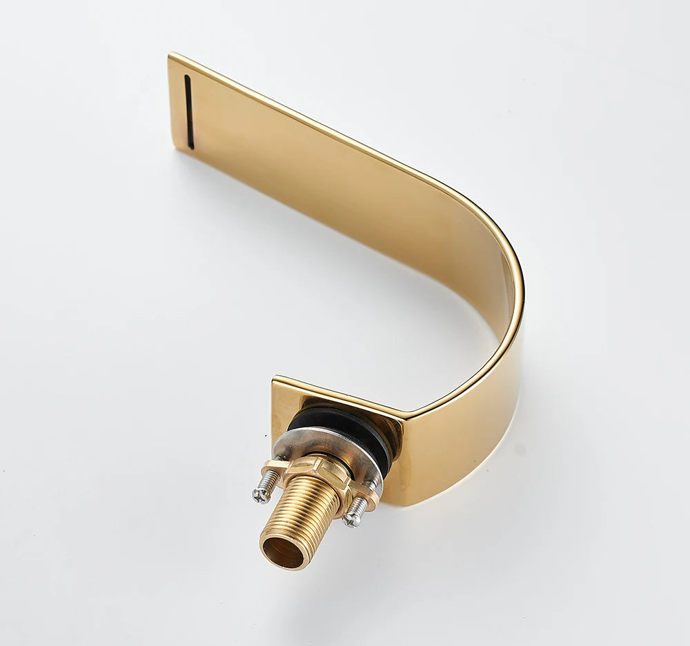 BAKALA 3 Pieces Brush And Gold Deck Mounted Waterfall Wide Spout Double Handles Bath Bathtub Faucet Bathroom Mixer Tap