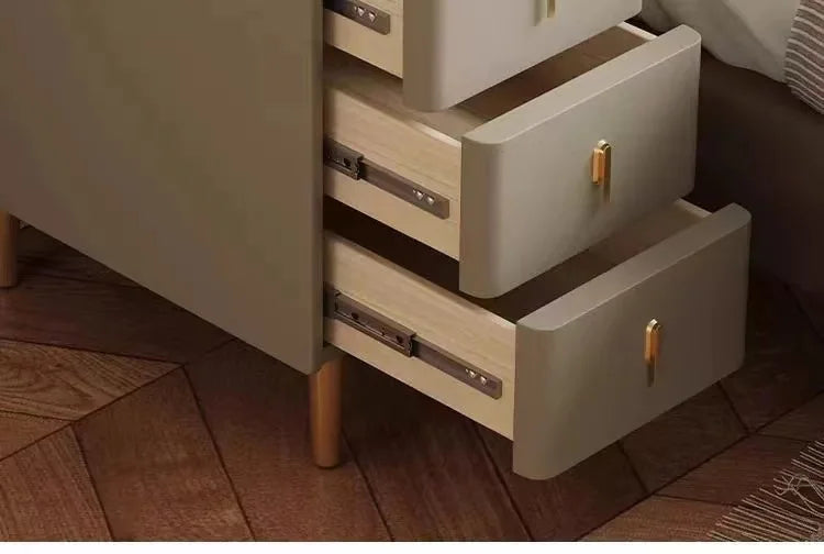 Smart Bedside Table, Solid Wood with Faux Leather Features 3 drawers, wireless charging, and side storage. Stylish and functional nightstand for modern bedrooms.