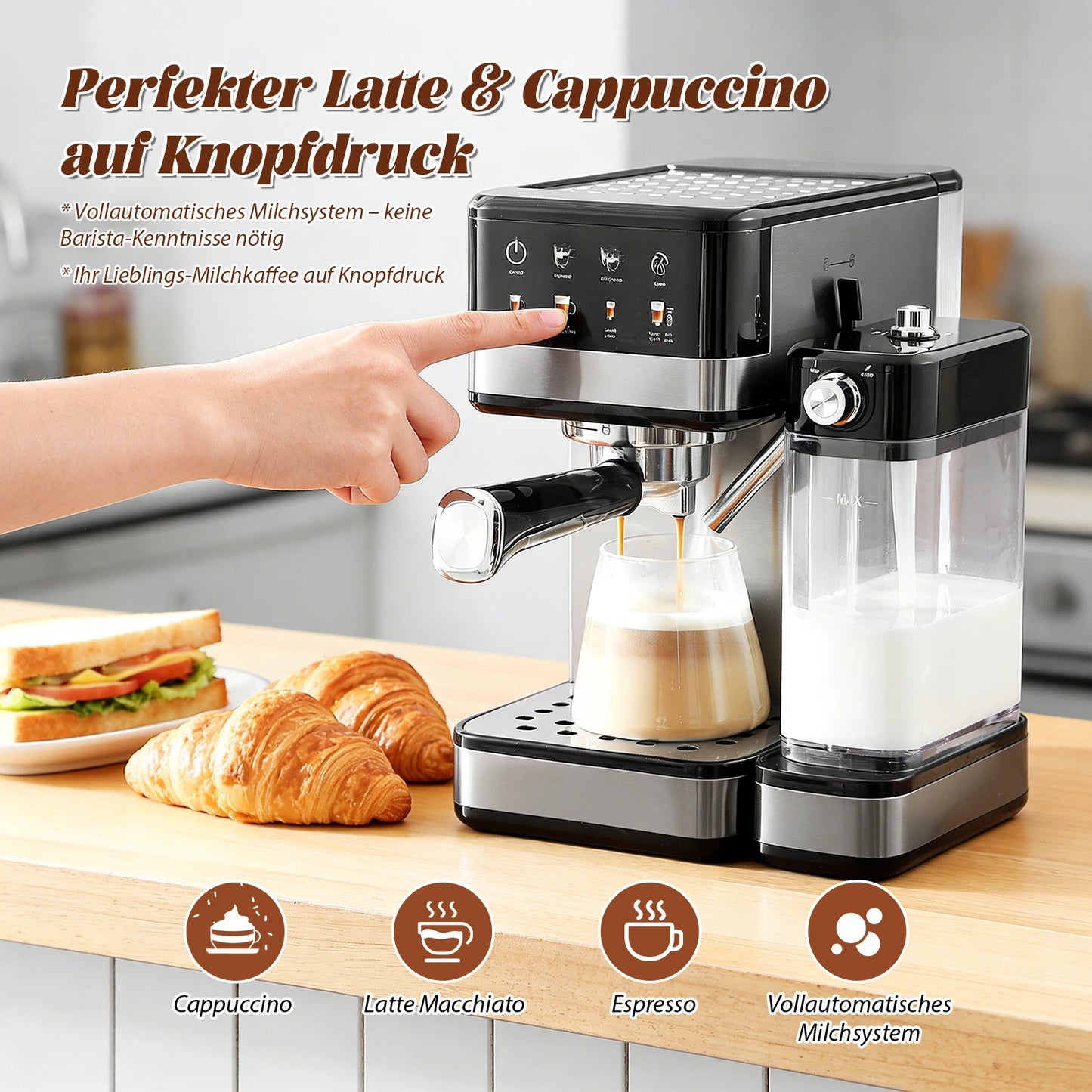 1350W Espresso coffee maker 20 Bar Semi-Automatic Screenbar Machine with Detachable Milk Tank & Water Tank Black