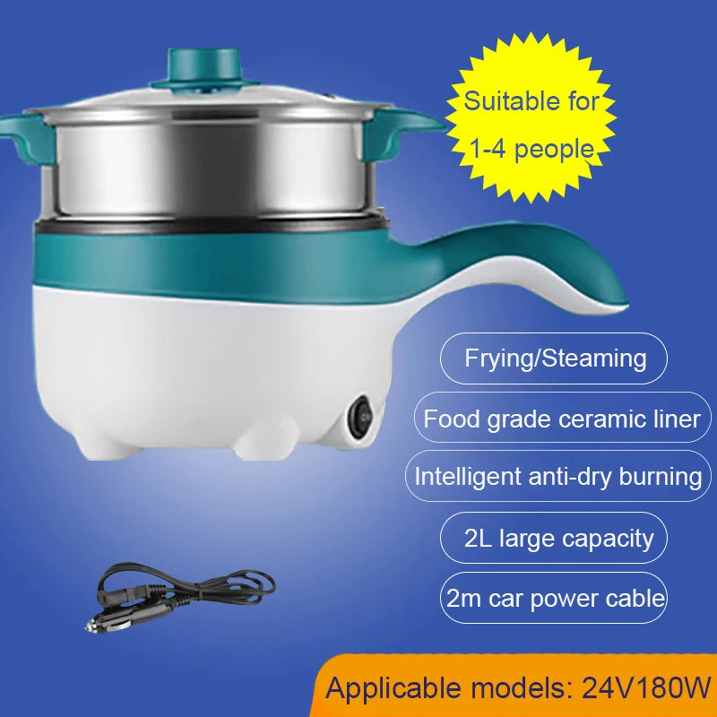 2L Travel 12V 24V Car Truck Multifunction Electric Cooking Skillet Double Layer Hot Pot Soup Heater Rice Cooker Food Steamer Pan
