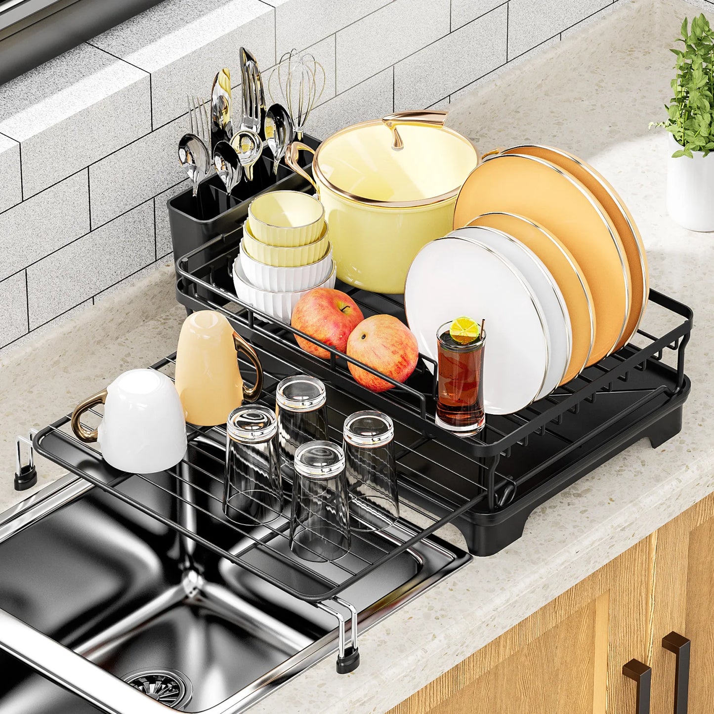 Dish Drying Rack - Extendable Dish Rack, Large Sink Drying Dish Drainer for Kitchen Counter, Stainless Steel Dish Strainer