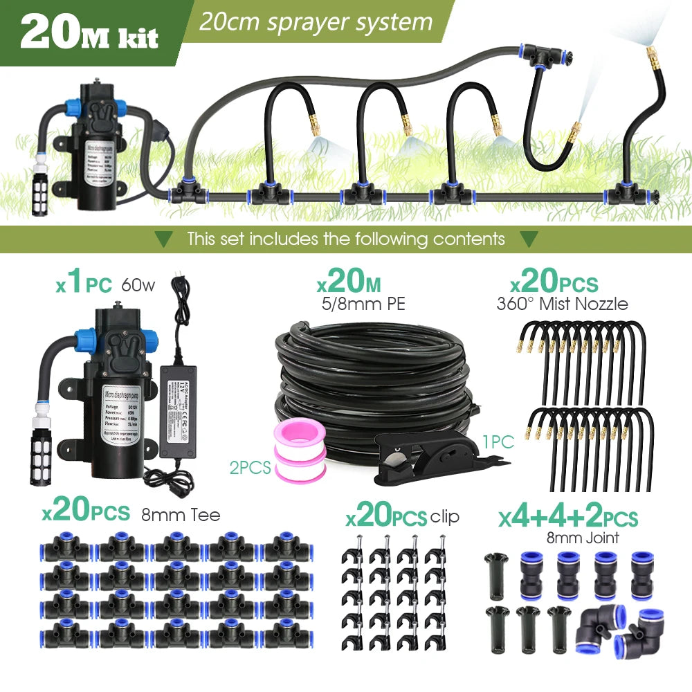 Black 8mm PE Hose 20cm Flexible Nozzle Misting Watering System 45/60/80/100W Self-priming Pump Adjustable Sprayer Kit for Garden