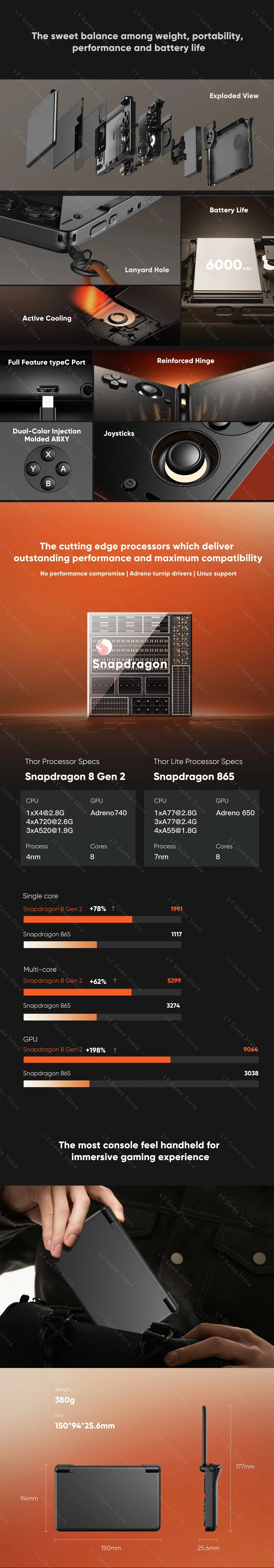 Thor 6” Handheld Gaming Console Dual OLED Screens Powered by Qualcomm Snapdragon CPU and Android 13, with a 6000mAh battery and hall stick controls for an immersive gaming experience on the go.