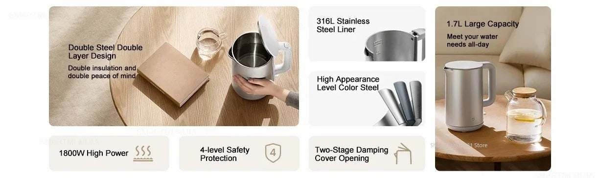 MIJIA Electric Kettle S1 Fast Hot boiling Stainless Water Kettle Teapot 1.7L 1800W Anti-Overheat Quadruple Protection