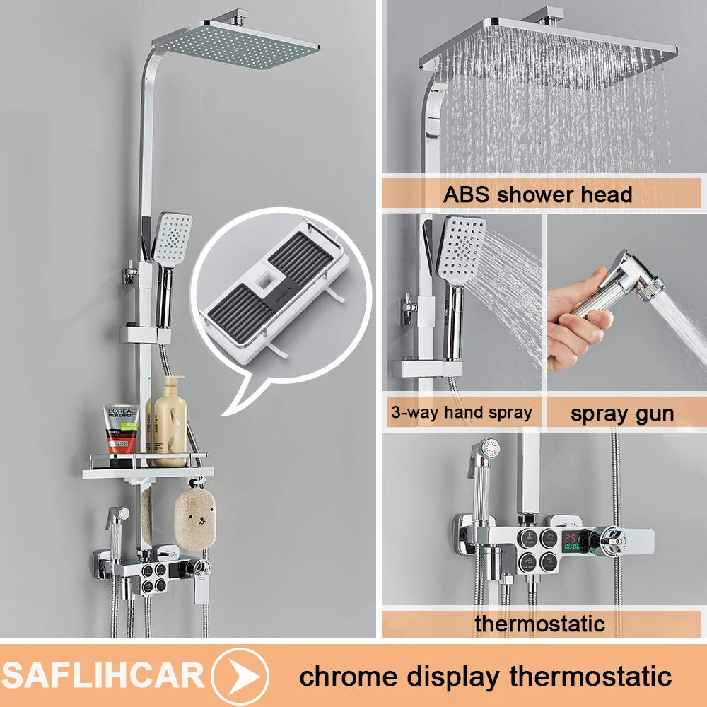 Black Display Thermostatic Shower Faucet Set Rainfall Bathtub Tap With Bathroom Shelf Water Flow Produces Electricity