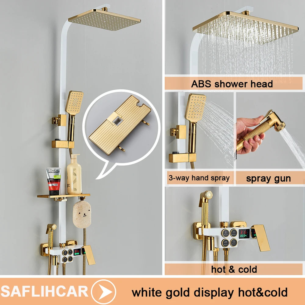 Black Display Thermostatic Shower Faucet Set Rainfall Bathtub Tap With Bathroom Shelf Water Flow Produces Electricity