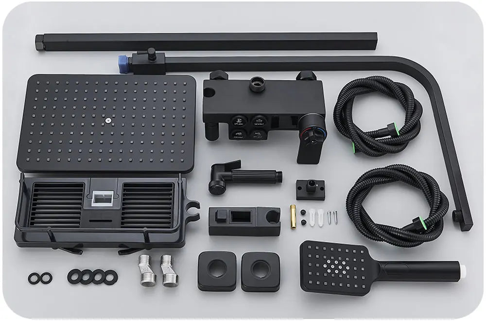 Black Display Thermostatic Shower Faucet Set Rainfall Bathtub Tap With Bathroom Shelf Water Flow Produces Electricity
