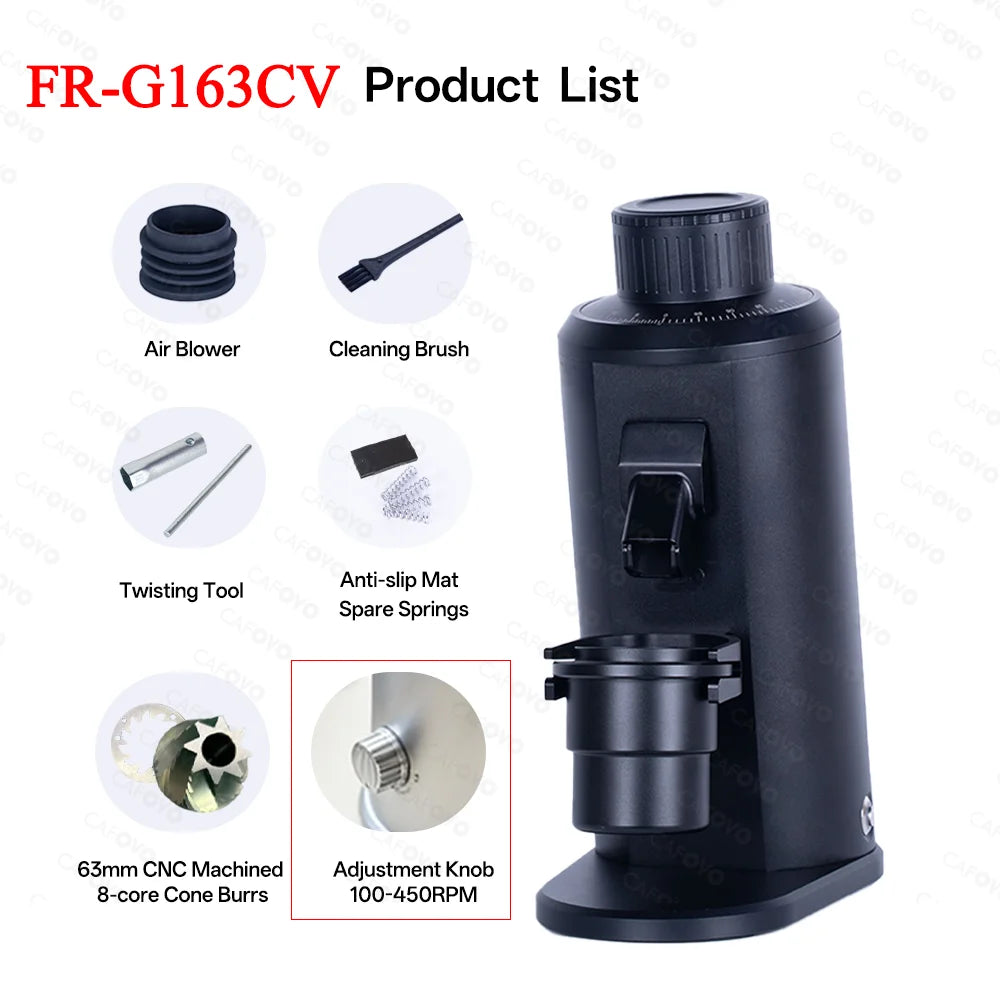 CAFOVO G163CV Adjustable Speed Coffee Grinder 63mm 8-core Conical Burrs 100-450RPM 350W Brushless Motor for Espresso Coffee Mill