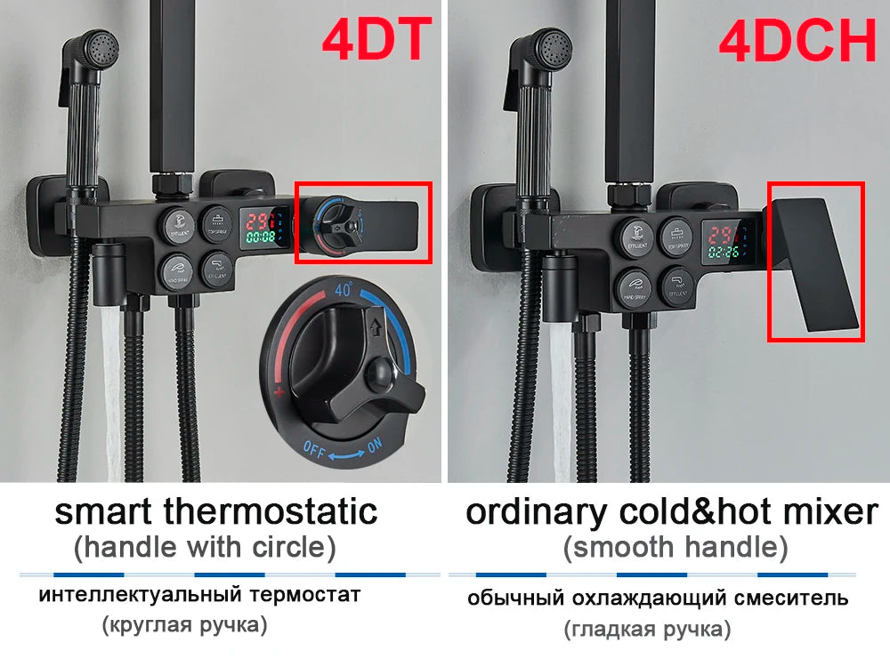 Black Display Thermostatic Shower Faucet Set Rainfall Bathtub Tap With Bathroom Shelf Water Flow Produces Electricity
