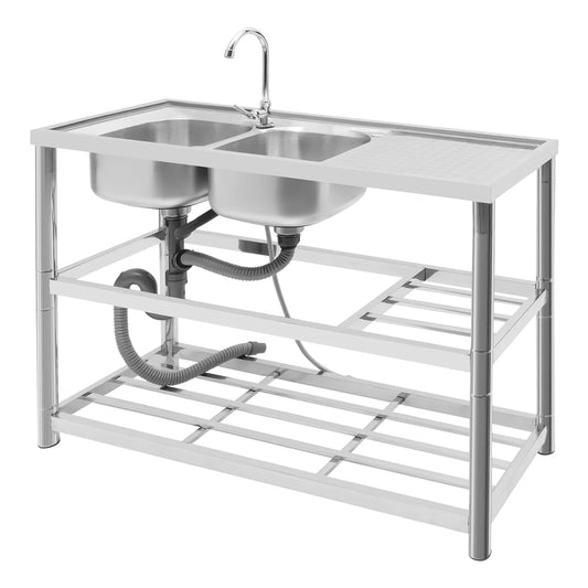 Commercial Sink Double Bowl Stainless Steel Sink Free-Standing Utility Sink Restaurant Kitchen Sink with Double Faucet Holes