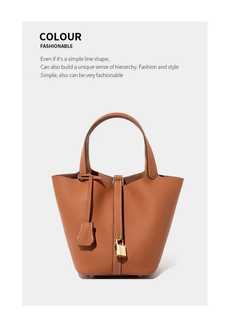 Women’s Leather Bucket Handbag A soft, stylish summer essential featuring a modern basket design with a convenient mobile phone pocket.