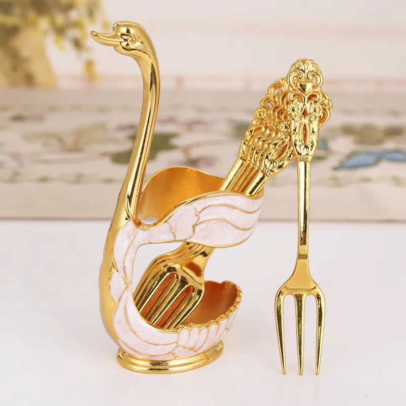 Creative Dinnerware Set Swan Base Holder Decorative Stainless Steel with 6 Spoons for Coffee Fruit Dessert Stirring Mixing