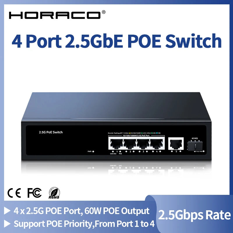 HORACO 2.5G PoE Switch 5 Port 2500Mbps 10G SFP+ Slot 65W IEEE802.3af/at for WiFi 6e AP,VoIP Phone,Surveillance,POE Camera