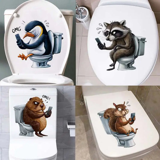 Funny Toilet Lid Stickers – Squirrels, Penguins & Raccoons Cute cartoon animals “sitting” on the toilet  instant bathroom humor! Waterproof, easy-peel decals for lid, cover or tank. Great for home, guest bath, or funny gifts. Wholesale available