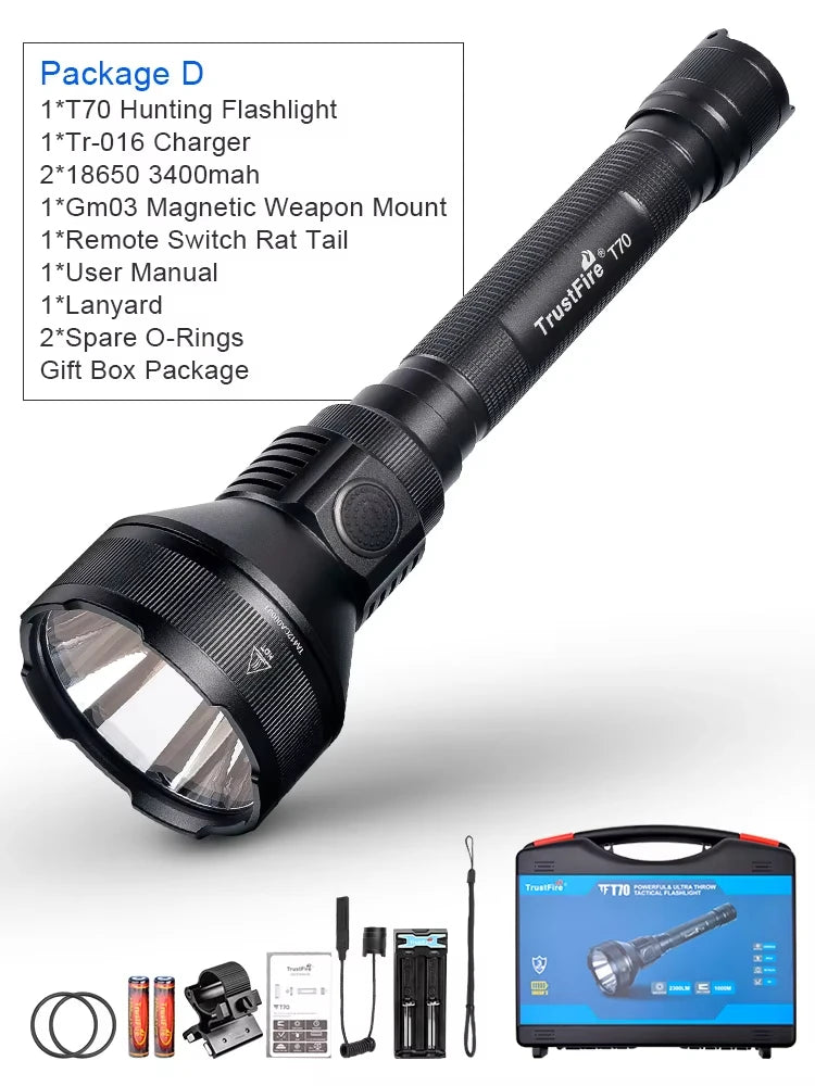 Trustfire T70 Powerful Flashlight For Hunting 1000 Meter Long Range 2300 Lumens 2-Switct 18650 High Power Strong Led Flash Light