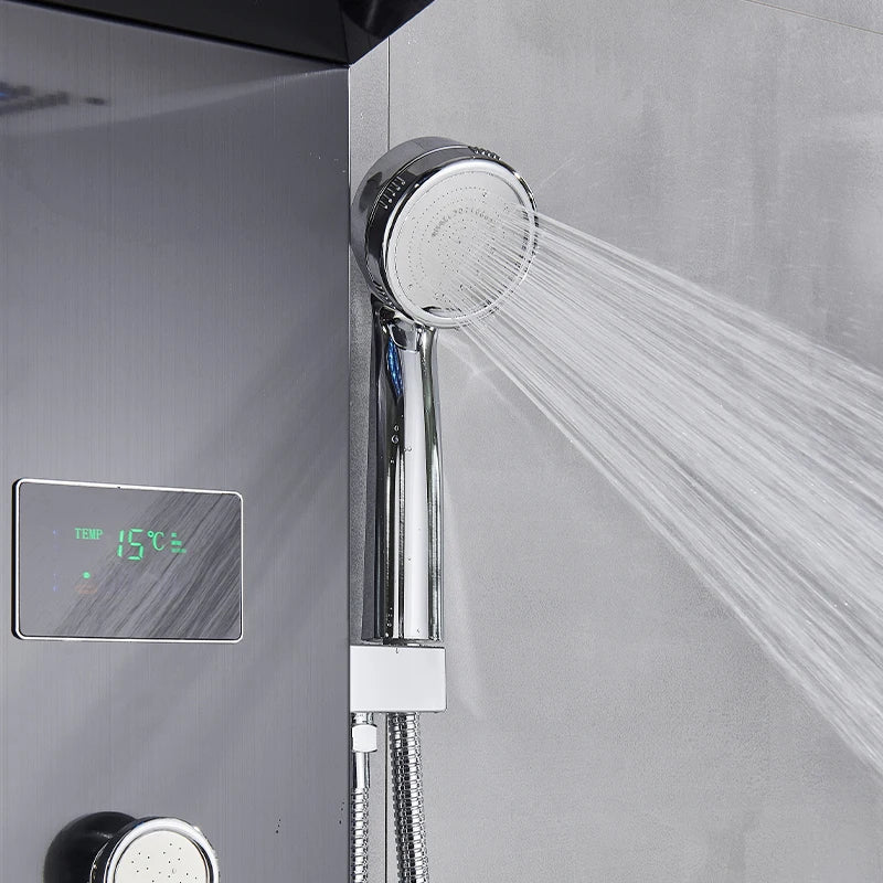 Black Bathroom Shower Panel SPA Massage Jet Shower Column LED Display Stainless Steel Shower System