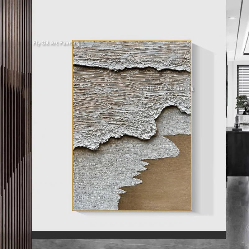 Simple Design Hand Drawn Brown And White Abstract Seawaves Thick Oil Painting On Canvas Green Beige Waves Wall Art For Decor