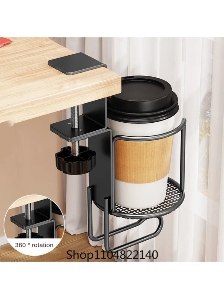 2 in 1 No Drill Desk Cup Holder Adjustable Upgraded Arm Clamp Stand 360 Degree Rotating Table Edge Clamp Anti-Fall Cup Holder