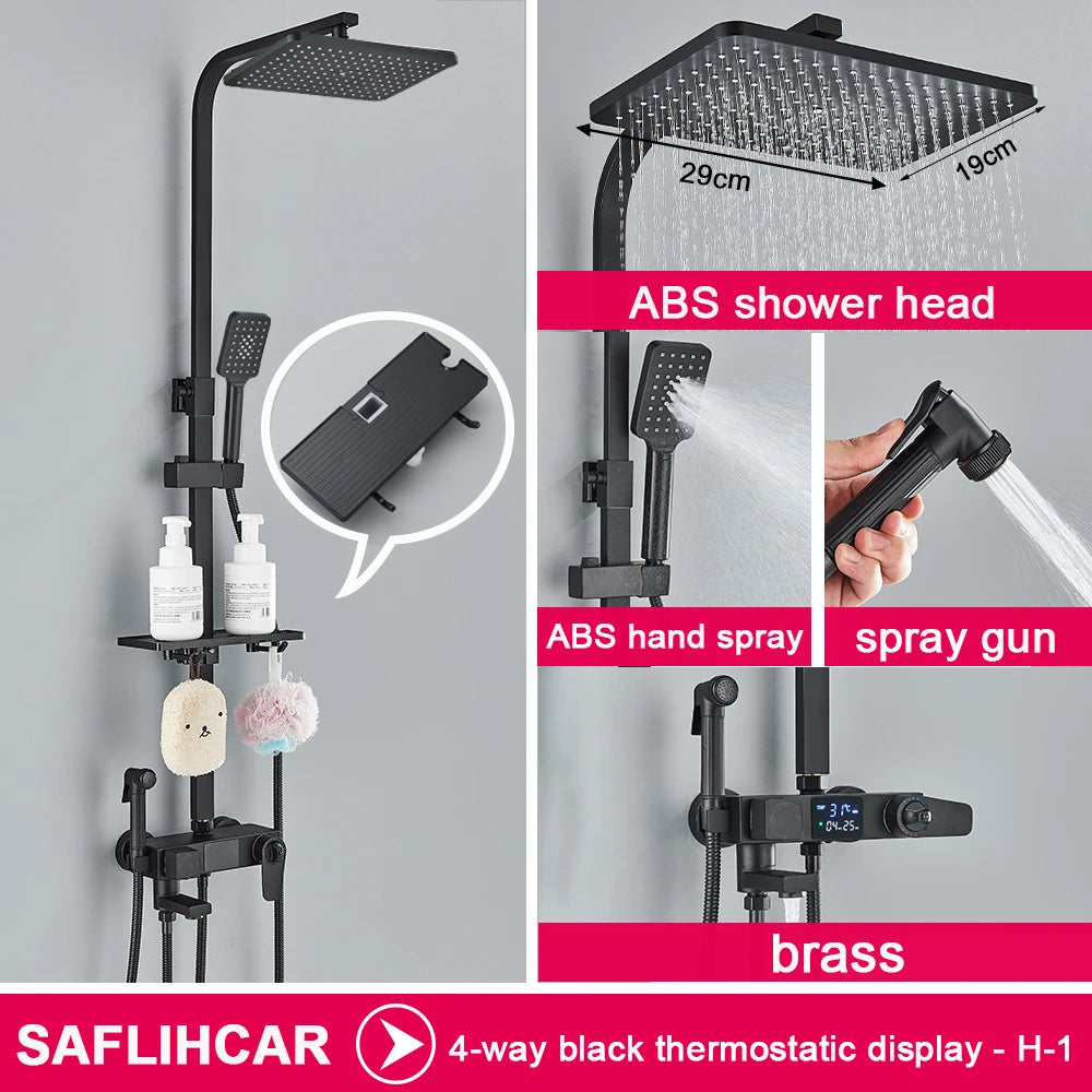 Black Display Thermostatic Shower Faucet Set Rainfall Bathtub Tap With Bathroom Shelf Water Flow Produces Electricity
