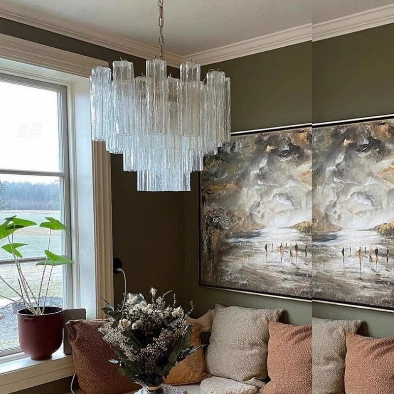 Art Deco Stained Glass Tube Chandelier – Luxury Ceiling Pendant Light Elegant lighting fixture perfect for kitchen islands, dining rooms, or any upscale interior space. Adds a touch of sophistication and style.