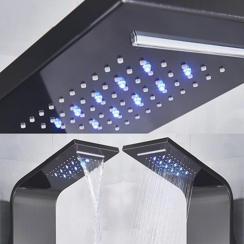 Black Bathroom Shower Panel SPA Massage Jet Shower Column LED Display Stainless Steel Shower System