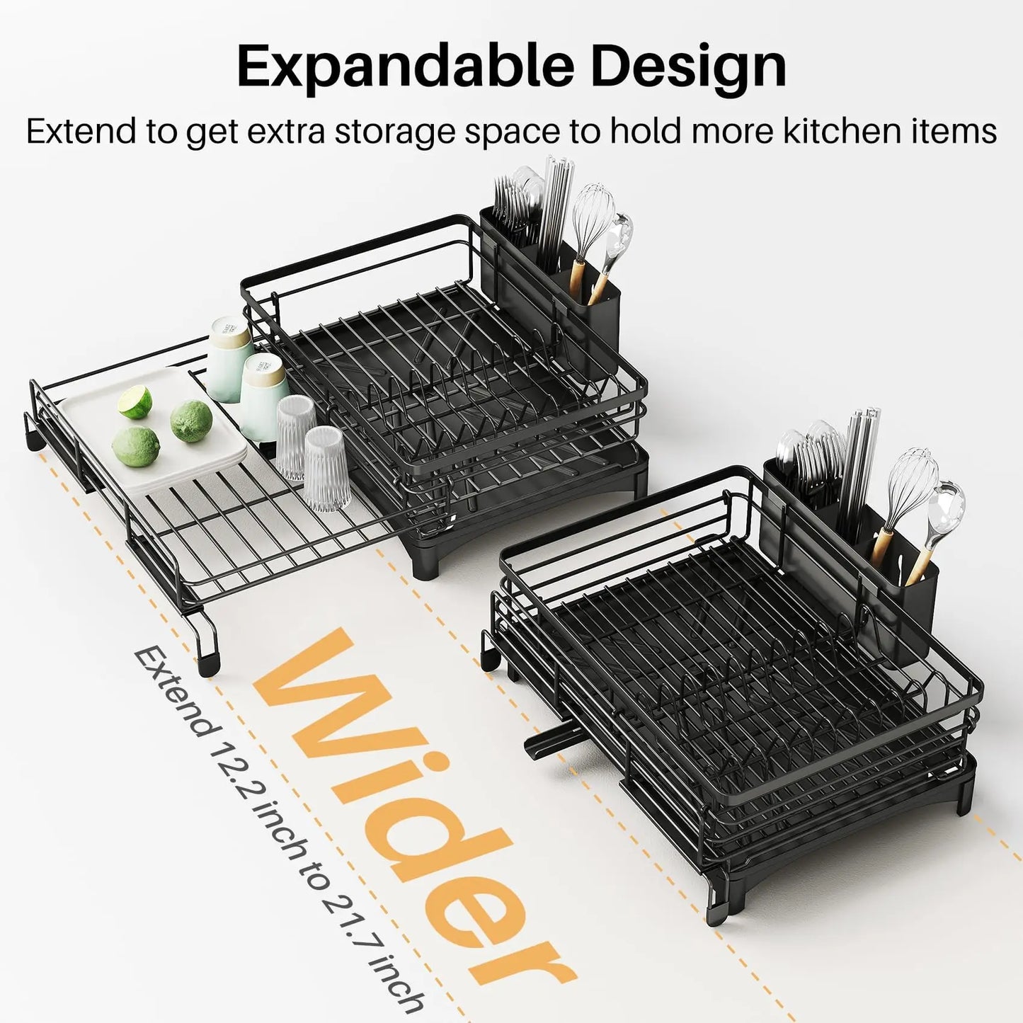 Dish Drying Rack - Extendable Dish Rack, Large Sink Drying Dish Drainer for Kitchen Counter, Stainless Steel Dish Strainer