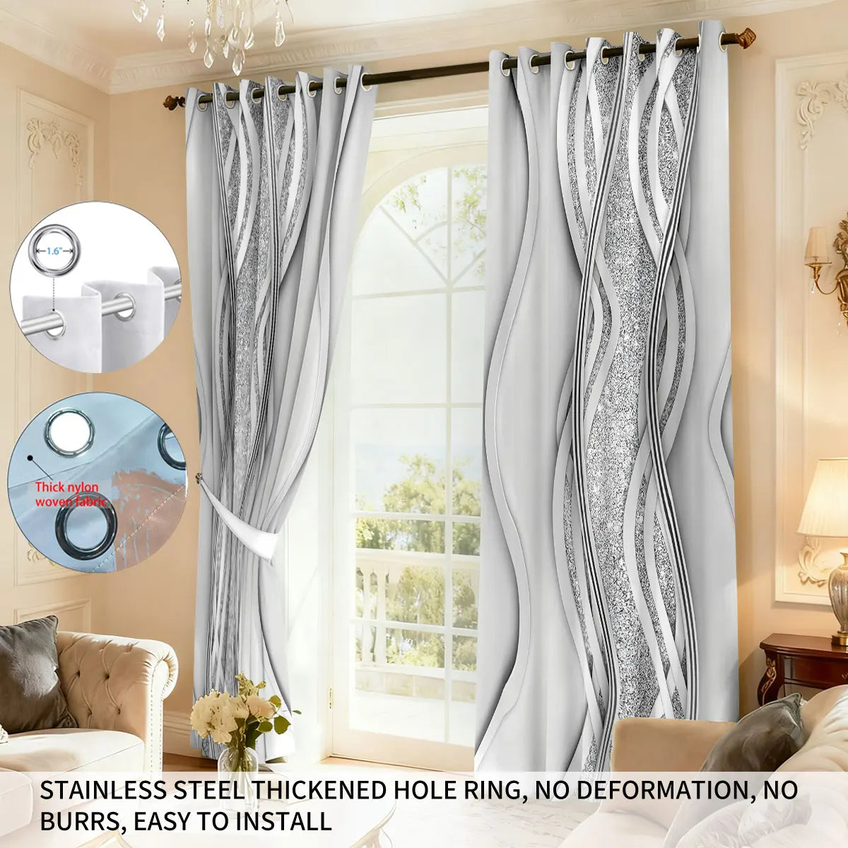 2pcs Minimalist Style Curved Lines Art Print Perforated Blackout Curtains Multi Size Living Room Bedroom Insulation Decoration
