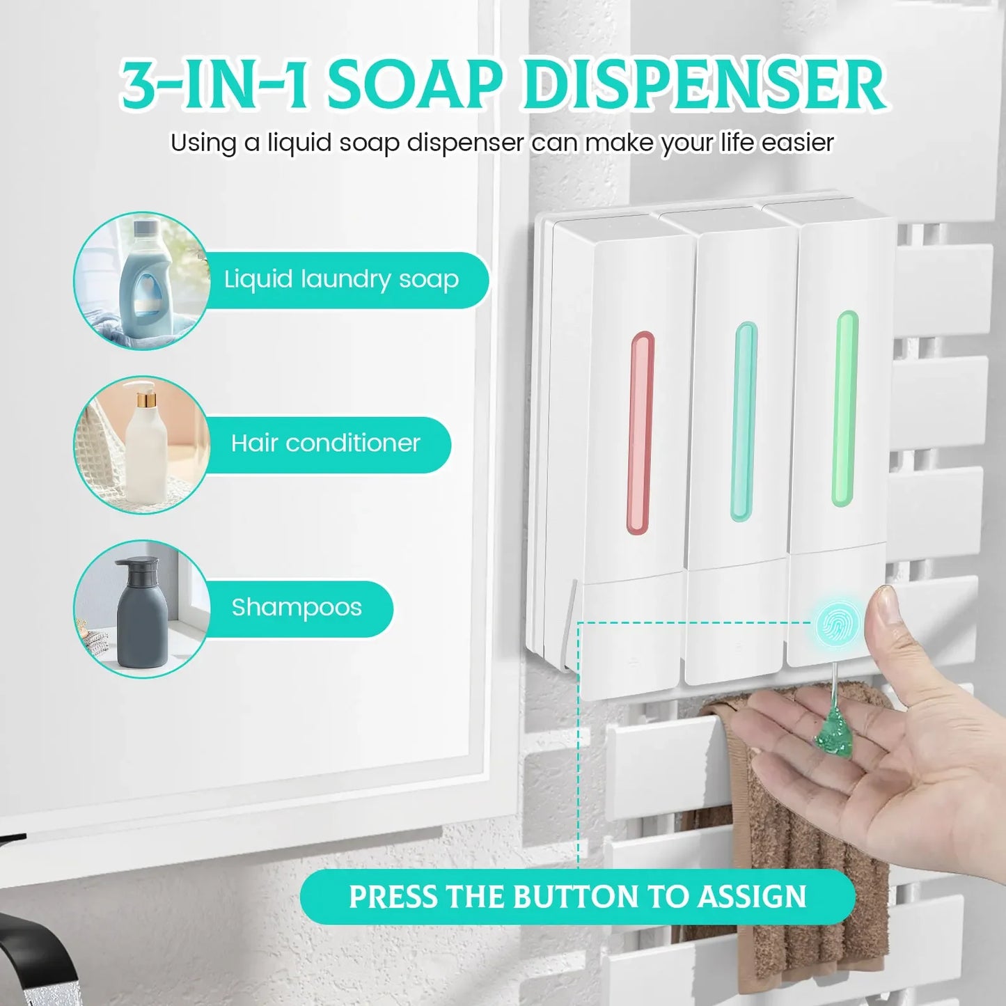 400ML Soap Dispenser Wall Mounted 3 Chamber Shower Soap Dispenser Adhesive Shampoo Conditioner Dispenser Bathroom Accessories