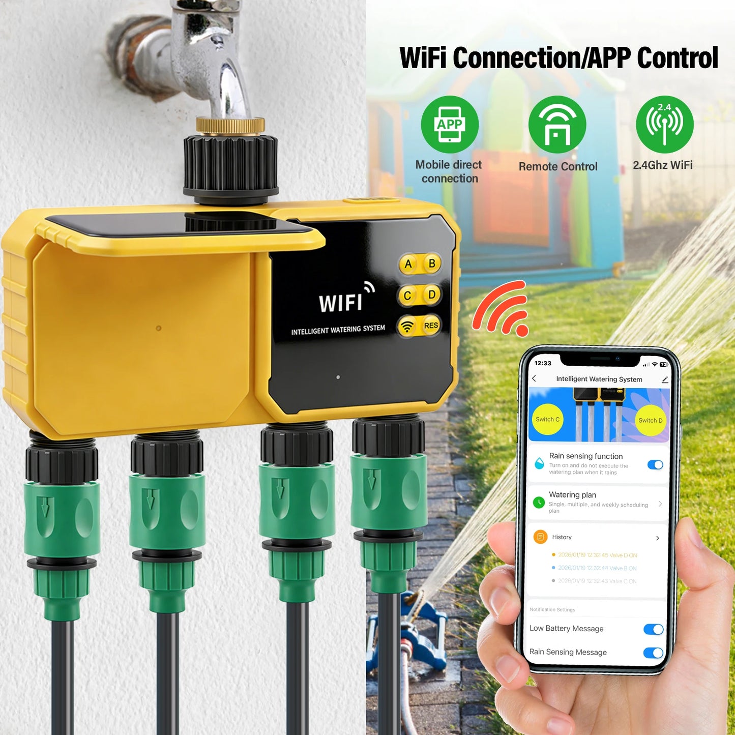 Solar WiFi 4-Zone Smart Water Timer
Solar-powered, app-controlled, 4 independent zones. Rain sensor auto-skips watering. IPX6 waterproof. Perfect for gardens & lawns.