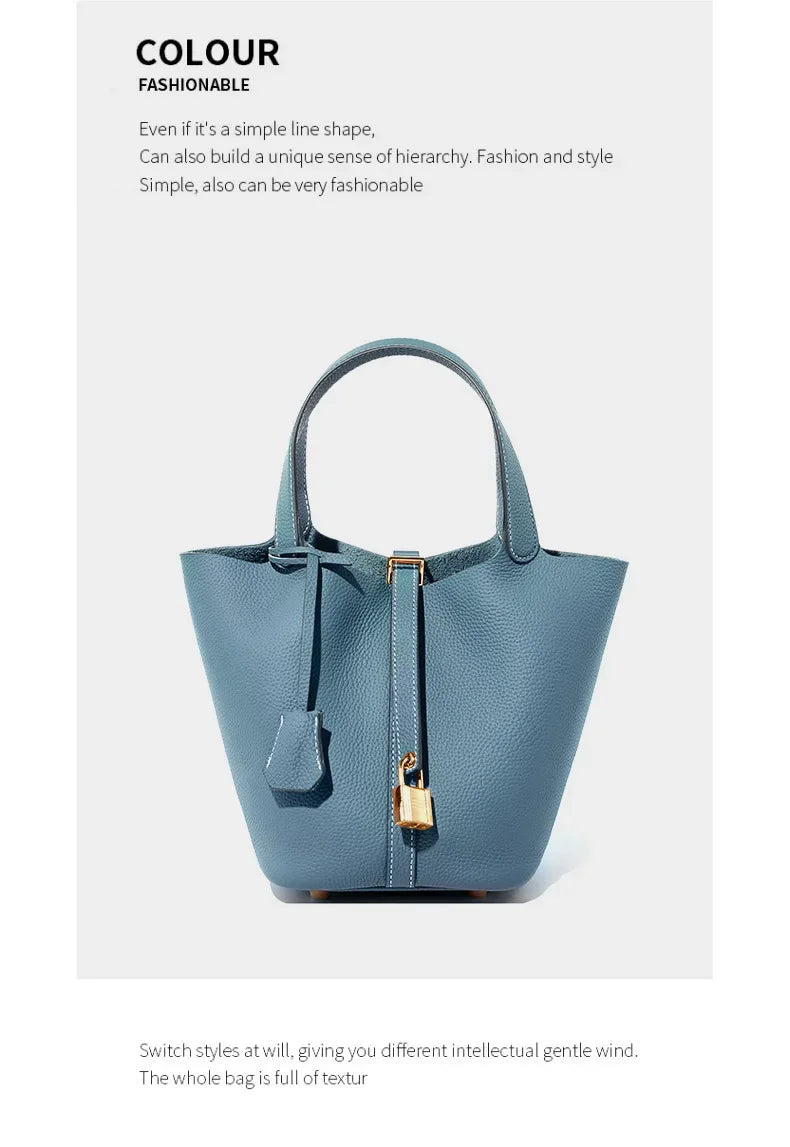 Women’s Leather Bucket Handbag A soft, stylish summer essential featuring a modern basket design with a convenient mobile phone pocket.