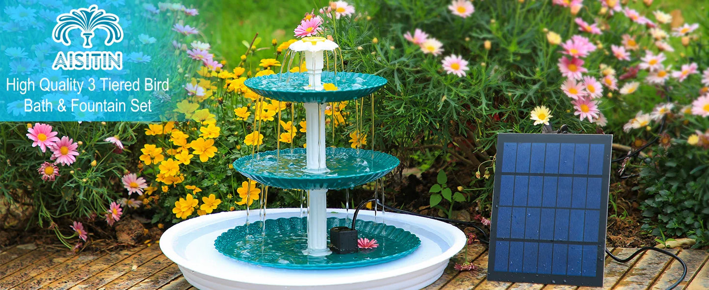 3-Tier Solar Bird Bath Fountain 3.5W solar pump, detachable 3-tier design. Attracts birds with flowing water – no wiring needed. Perfect garden & patio decor.