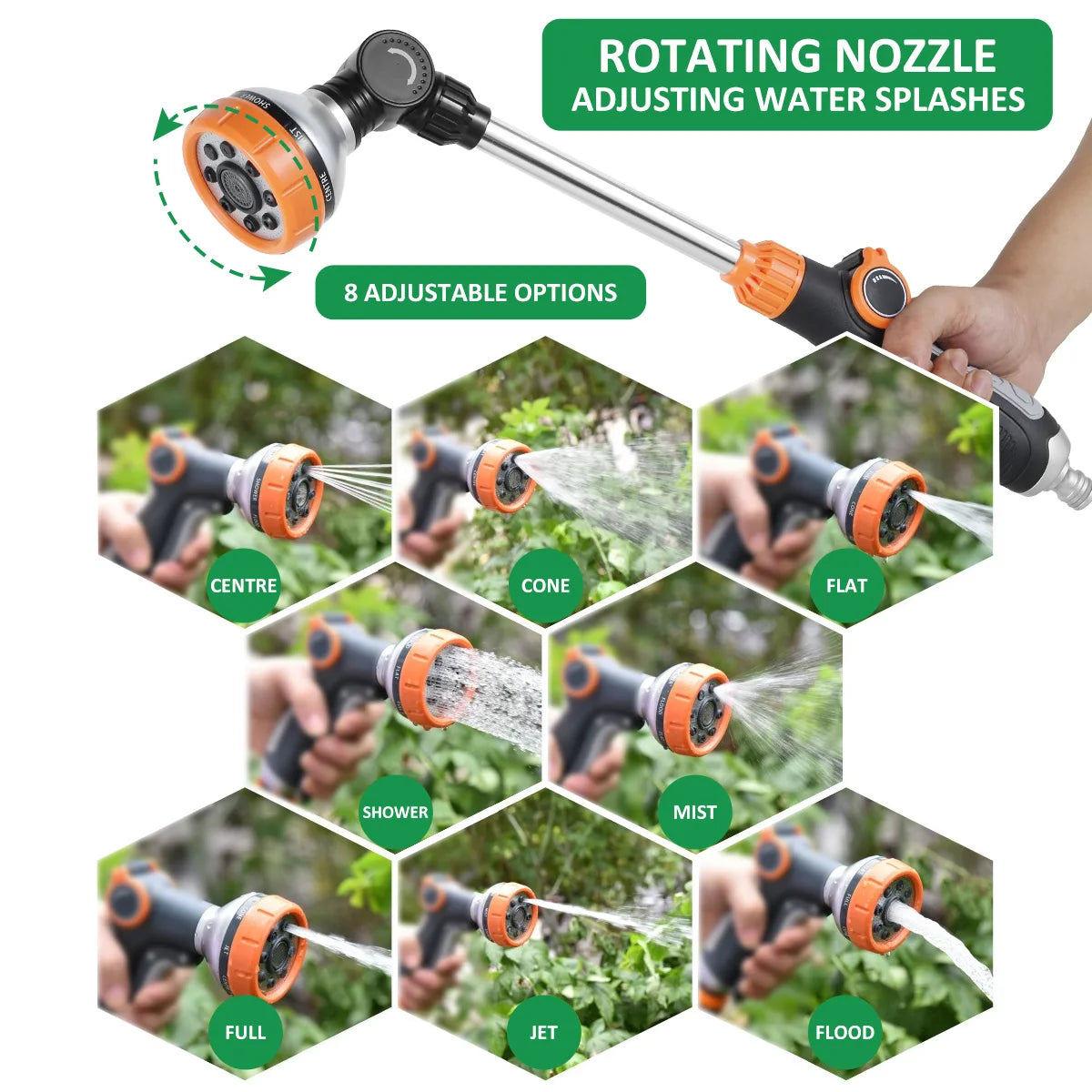 47cm Water Sprayer Nozzle Long Rod Garden Sprinkler with Adjustable Head 8 Spray Modes High Pressure Irrigation Hose Nozzle