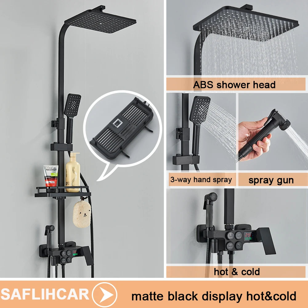 Black Display Thermostatic Shower Faucet Set Rainfall Bathtub Tap With Bathroom Shelf Water Flow Produces Electricity