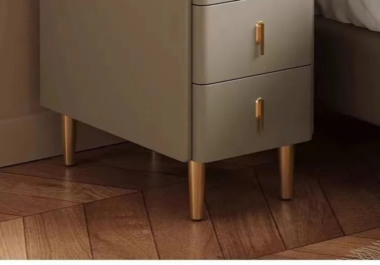 Smart Bedside Table, Solid Wood with Faux Leather Features 3 drawers, wireless charging, and side storage. Stylish and functional nightstand for modern bedrooms.