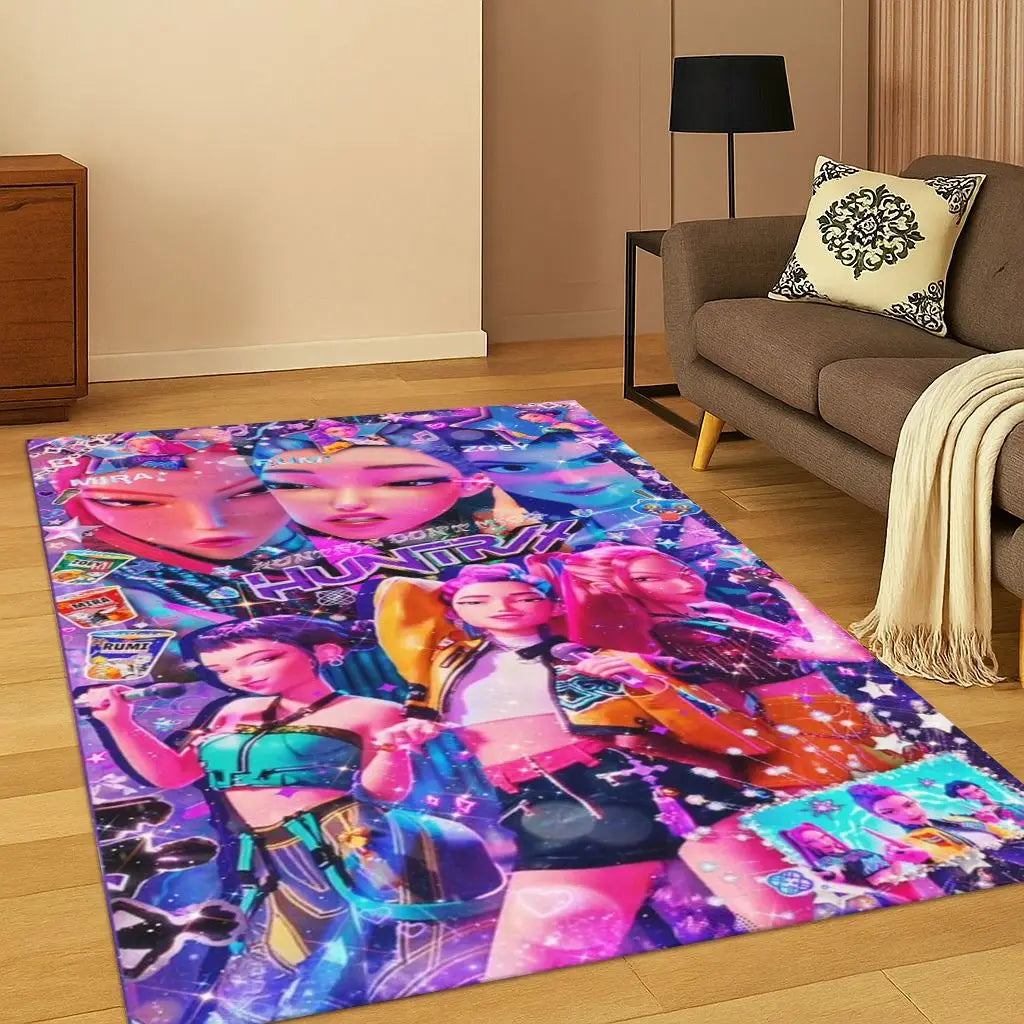 Kpop Demon Hunters Rumi Mira Zoey Music Cartoon Carpet Rug for Bedroom Living Room Sofa Home Decor,Non-slip Floor Mat Gift