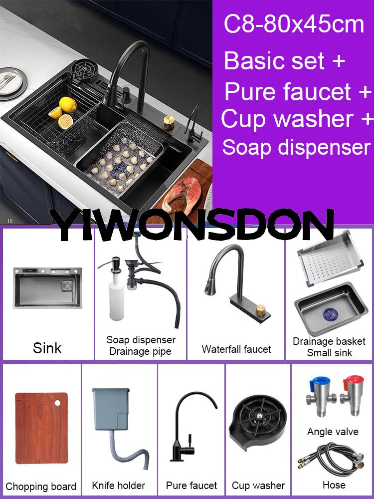 Multifunction Black Nano Kitchen Sink Waterfall Faucet Large Single Bowl Cup Washer Pure Tap Soap Dispenser 304 Stainless Steel