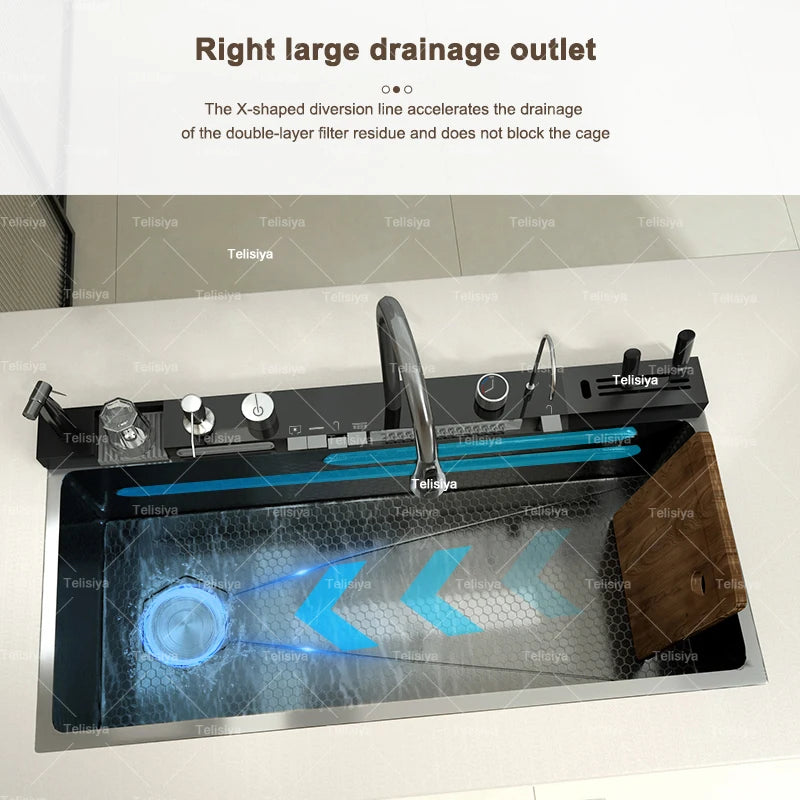 Extra Large Stainless Steel Waterfall Kitchen Sink Embossed Single Solt Digital Display Multifunctional Dishwashing Sink
