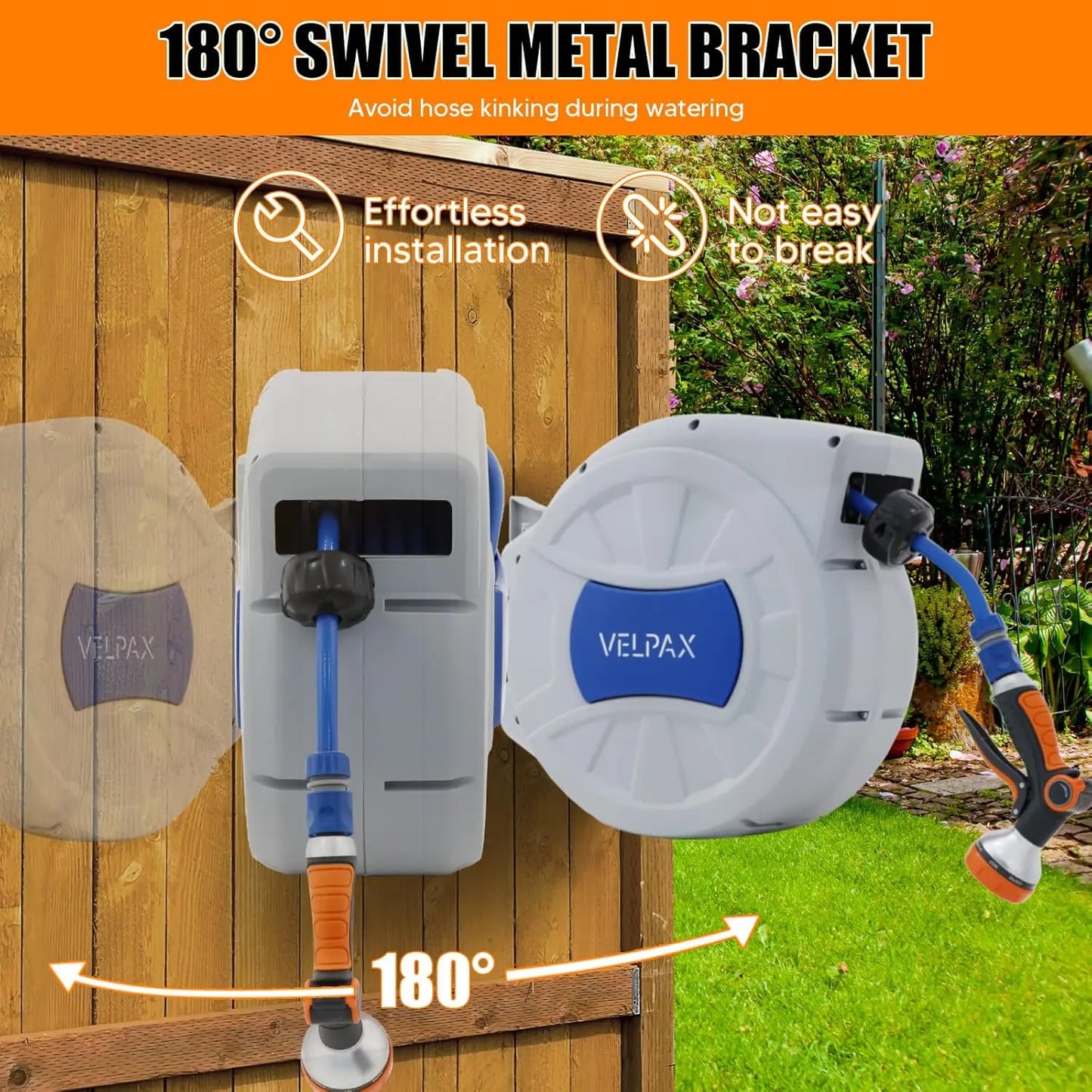 30M Wall-Mounted Garden Hose Reel with 8-Function Spray Gun
Features 180° swivel, 2 nozzle options, and automatic rewind for easy storage and convenient watering.